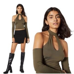 Bershka Taupe Halter Keyhole Long Sleeve Fitted Top – Size S